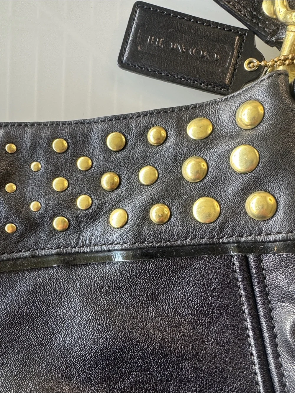 Coach Zoe Black Leather Shoulder Bag with Gold Studs